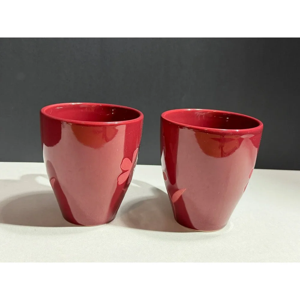 Pier 1 Red Floral Embossed Stoneware Coffee Mugs Set of 2 Deep Red Burgundy